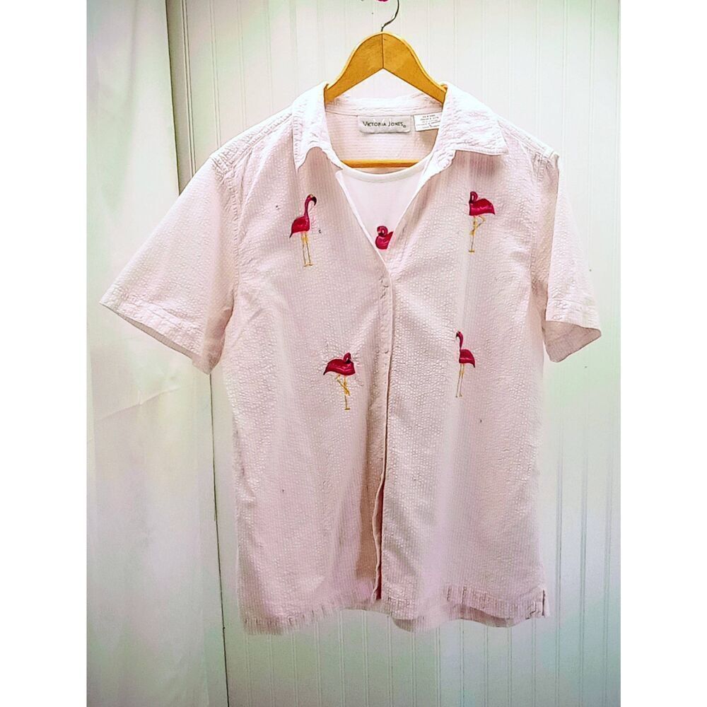 Victoria Jones double layered pink, pinstripe, flamingo, short sleeve, button do